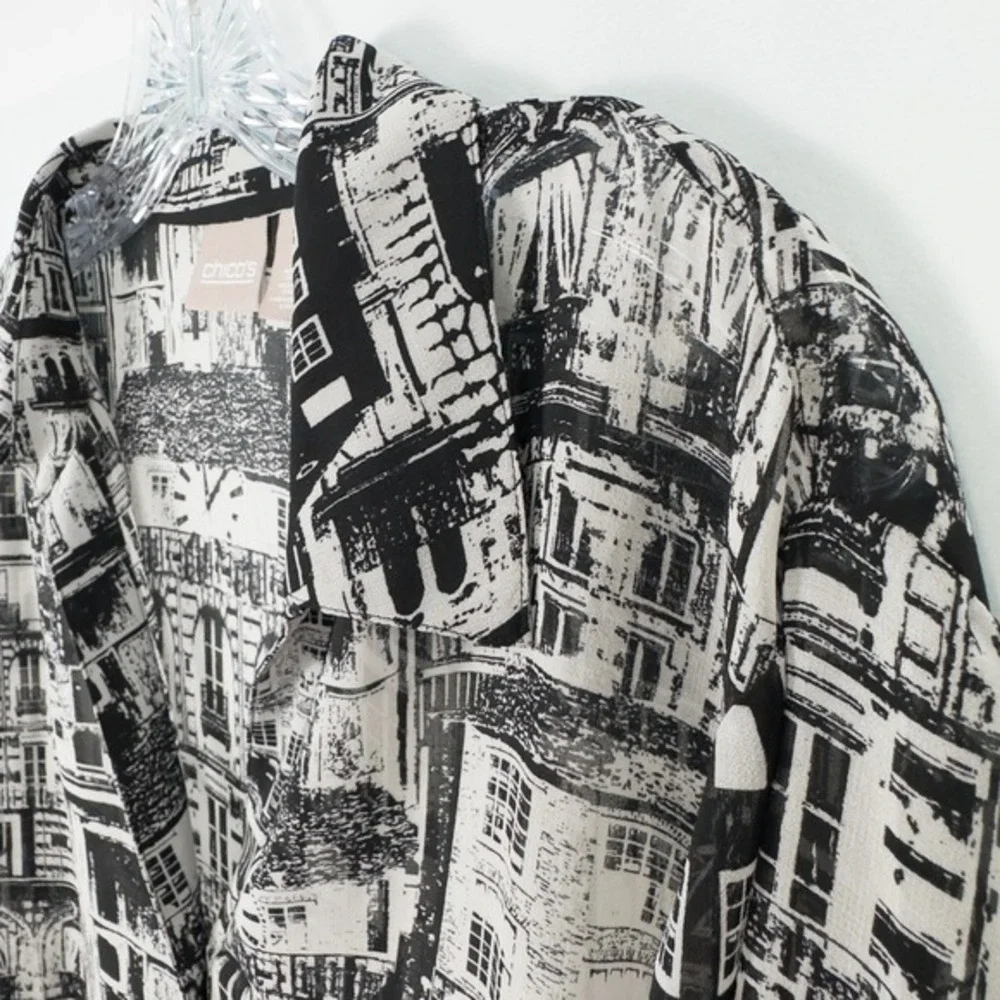 Chicos Cityscape Sheer Chiffon Button Shirt 3 (XL)‎ Monochrome Urban Retro Artsy - Picture 7 of 16